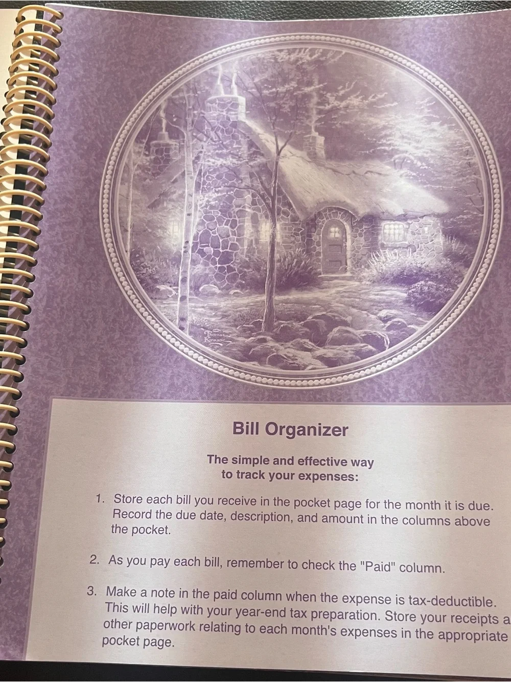 Thomas Kinkade 12 Month Spiral Bill Organizer - Purple with Cottage Artwork